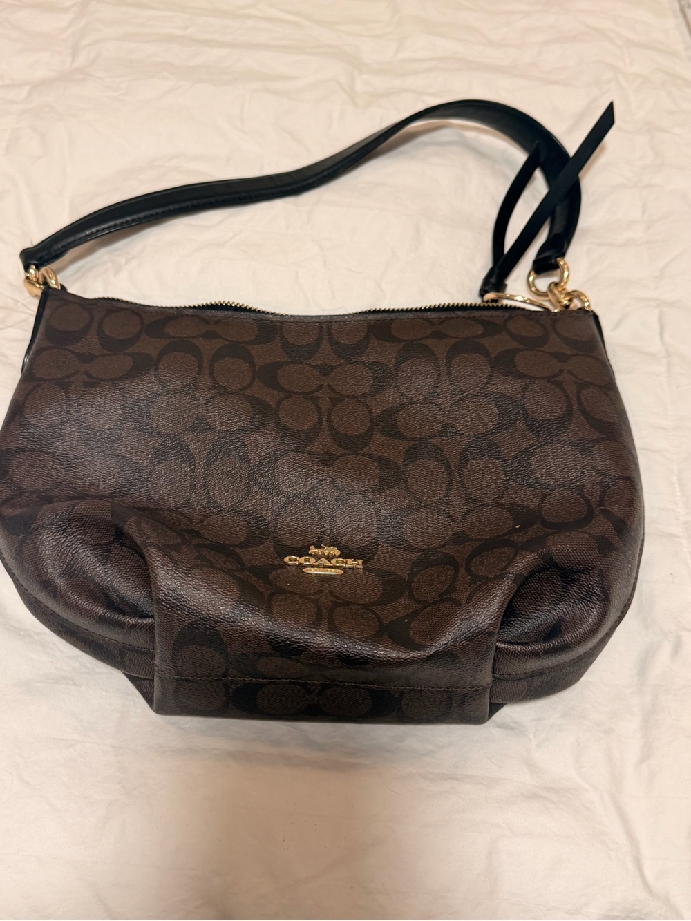 Coach Brown Signature Shoulder Bag with Black Strap and Gold Accents
